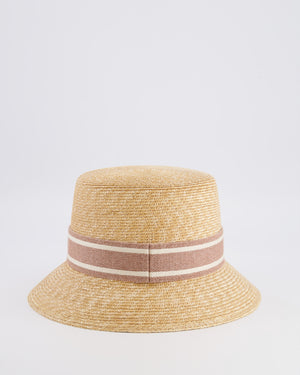 Christian Dior Dioriviera Beige Straw Small Brim Hat with Light Pink and White Logo Band Size 56