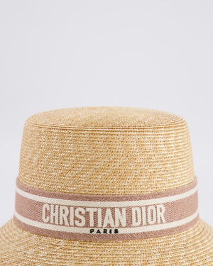 Christian Dior Dioriviera Beige Straw Small Brim Hat with Light Pink and White Logo Band Size 56
