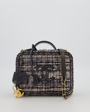 Chanel Navy and Python Leather Print CC Medium Vanity Case Bag in Tweed and Python Leather with Brushed Hardware