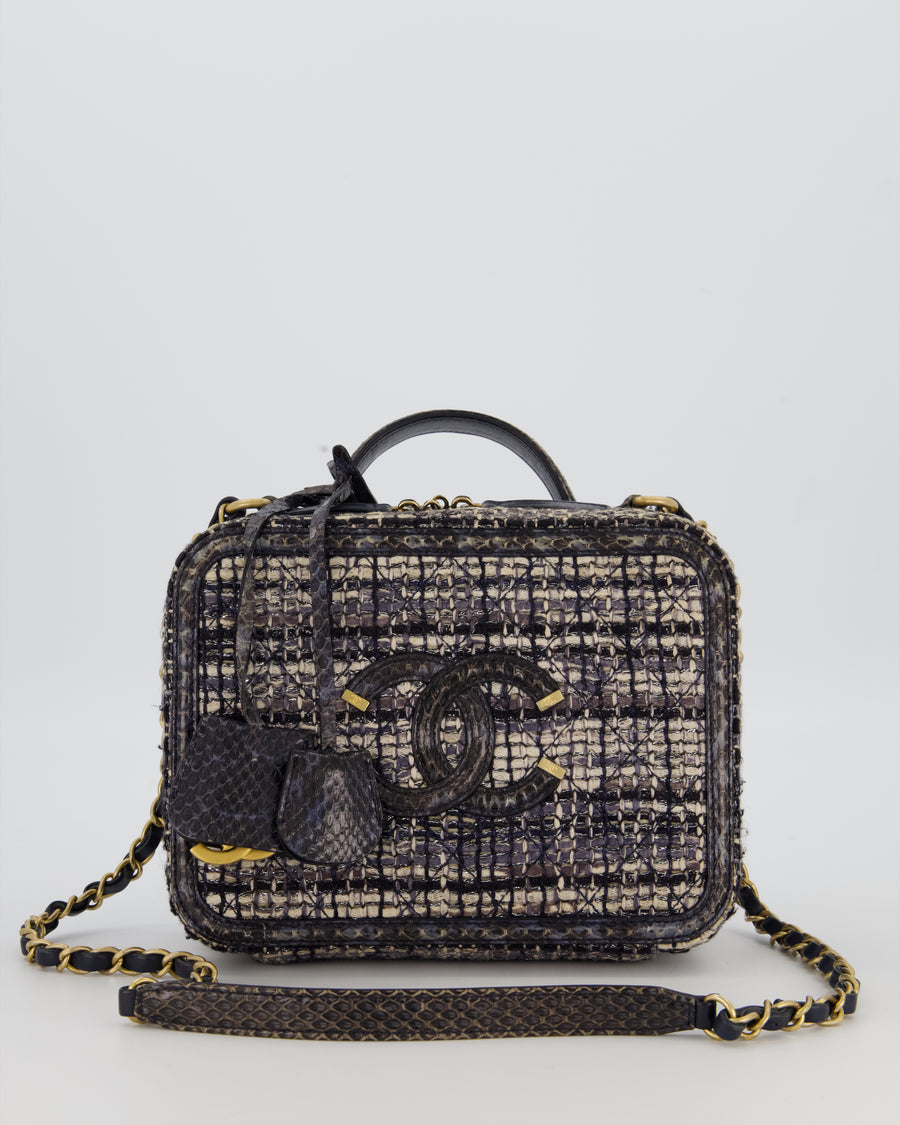Chanel Navy and Python Leather Print CC Medium Vanity Case Bag in Tweed and Python Leather with Brushed Hardware