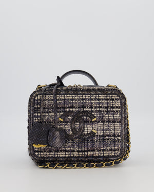 Chanel Navy and Python Leather Print CC Medium Vanity Case Bag in Tweed and Python Leather with Brushed Hardware