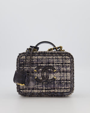 Chanel Navy and Python Leather Print CC Medium Vanity Case Bag in Tweed and Python Leather with Brushed Hardware