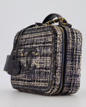 Chanel Navy and Python Leather Print CC Medium Vanity Case Bag in Tweed and Python Leather with Brushed Hardware