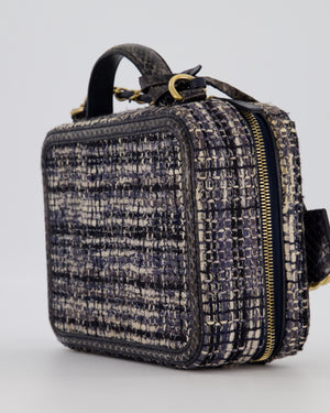 Chanel Navy and Python Leather Print CC Medium Vanity Case Bag in Tweed and Python Leather with Brushed Hardware
