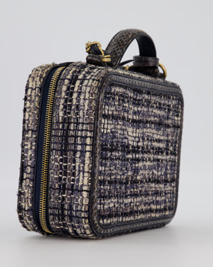Chanel Navy and Python Leather Print CC Medium Vanity Case Bag in Tweed and Python Leather with Brushed Hardware