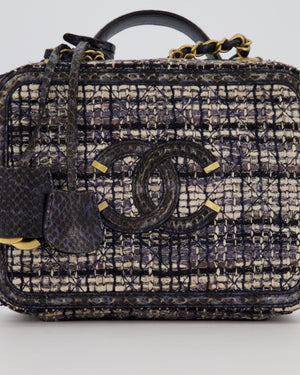 Chanel Navy and Python Leather Print CC Medium Vanity Case Bag in Tweed and Python Leather with Brushed Hardware