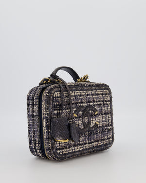 Chanel Navy and Python Leather Print CC Medium Vanity Case Bag in Tweed and Python Leather with Brushed Hardware