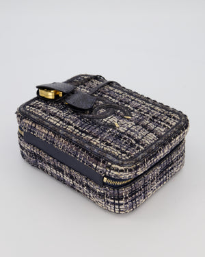 Chanel Navy and Python Leather Print CC Medium Vanity Case Bag in Tweed and Python Leather with Brushed Hardware