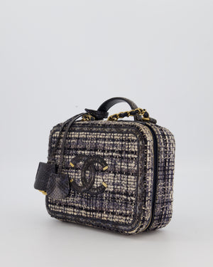 Chanel Navy and Python Leather Print CC Medium Vanity Case Bag in Tweed and Python Leather with Brushed Hardware