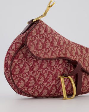 Christian Dior Vintage Saddle Bag in Burgundy Oblique Canvas and Calfskin Leather with Gold Hardware