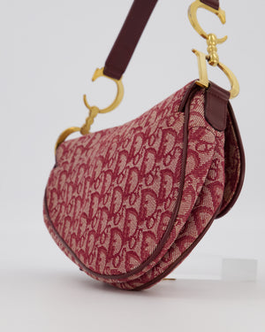 Christian Dior Vintage Saddle Bag in Burgundy Oblique Canvas and Calfskin Leather with Gold Hardware