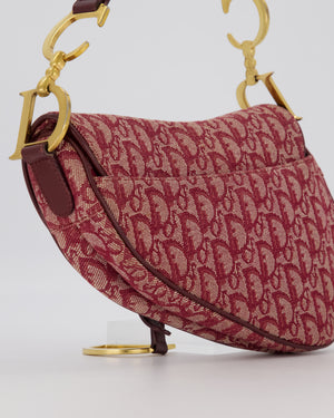 Christian Dior Vintage Saddle Bag in Burgundy Oblique Canvas and Calfskin Leather with Gold Hardware