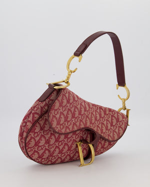 Christian Dior Vintage Saddle Bag in Burgundy Oblique Canvas and Calfskin Leather with Gold Hardware