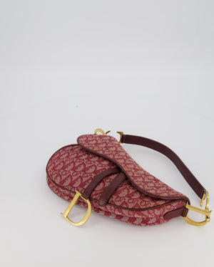 Christian Dior Vintage Saddle Bag in Burgundy Oblique Canvas and Calfskin Leather with Gold Hardware