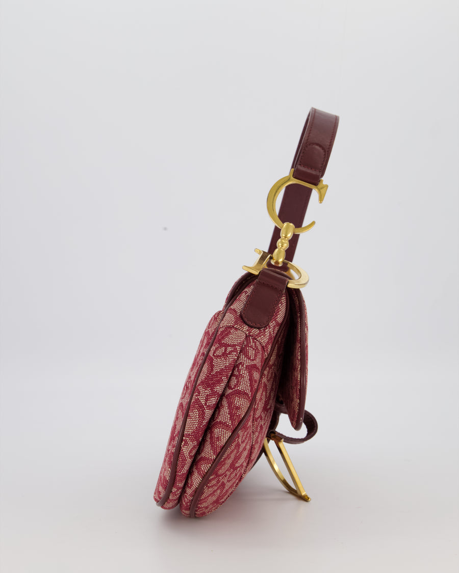 Christian Dior Vintage Saddle Bag in Burgundy Oblique Canvas and Calfskin Leather with Gold Hardware