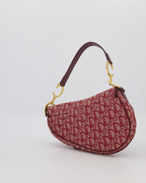 Christian Dior Vintage Saddle Bag in Burgundy Oblique Canvas and Calfskin Leather with Gold Hardware