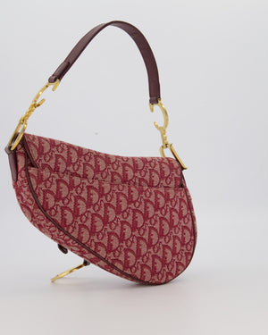 Christian Dior Vintage Saddle Bag in Burgundy Oblique Canvas and Calfskin Leather with Gold Hardware