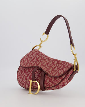 Christian Dior Vintage Saddle Bag in Burgundy Oblique Canvas and Calfskin Leather with Gold Hardware