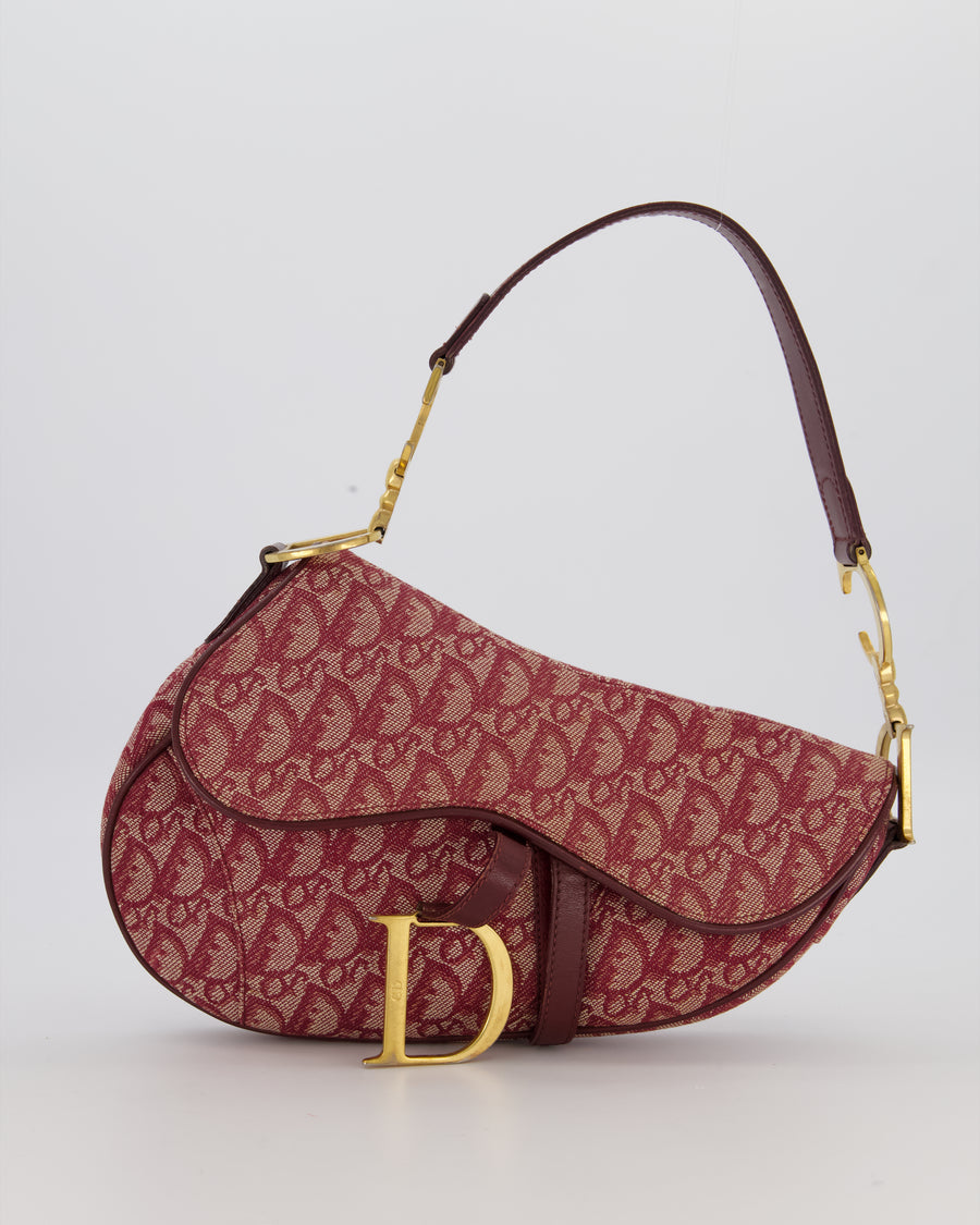 Christian Dior Vintage Saddle Bag in Burgundy Oblique Canvas and Calfskin Leather with Gold Hardware