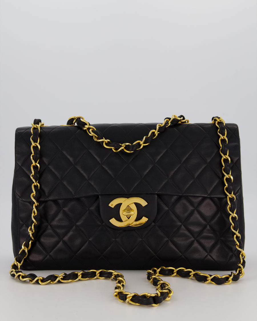 Chanel Black Vintage XL Maxi Single Flap Bag in Lambskin Leather with 24K Gold Hardware
