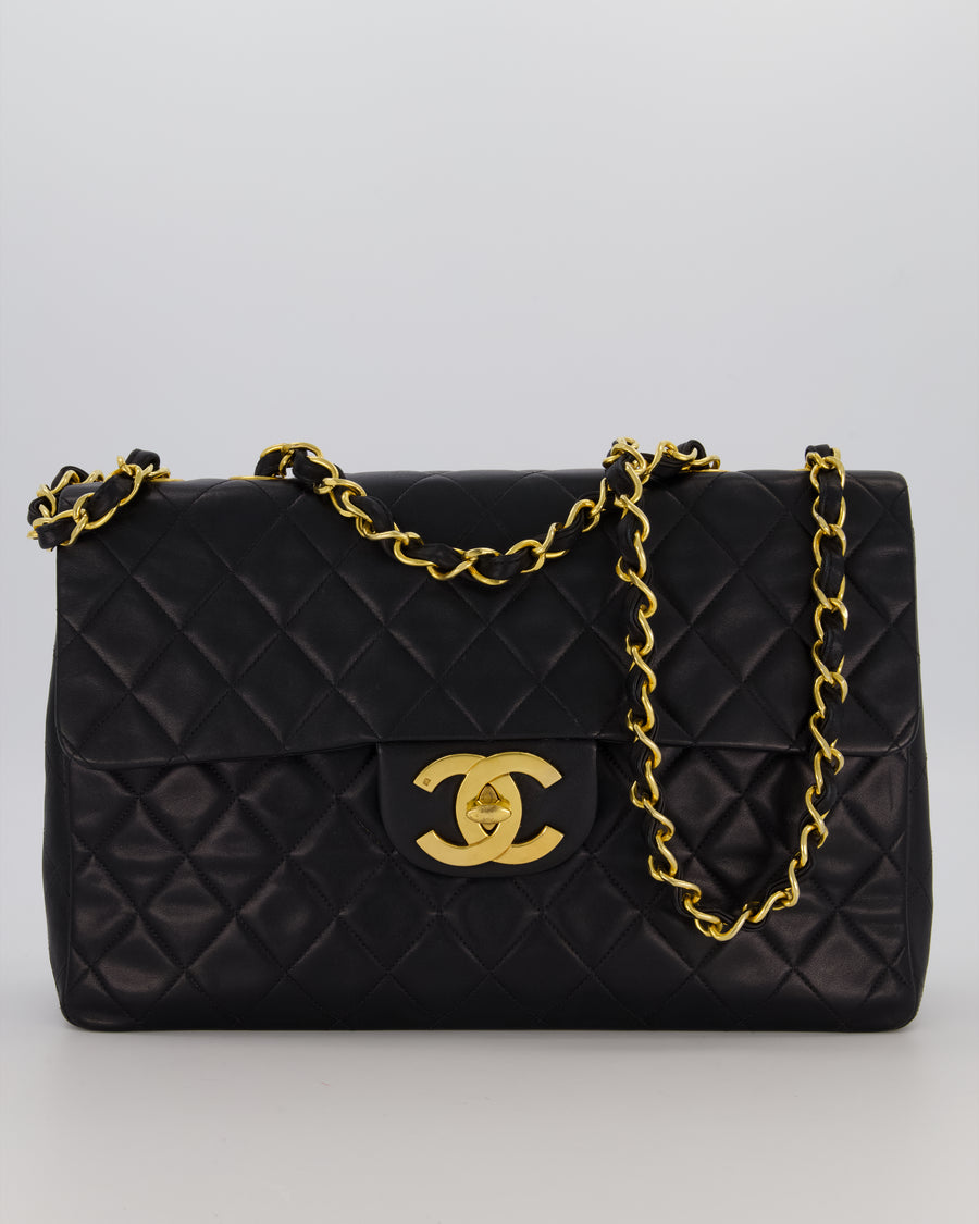 Chanel Black Vintage XL Maxi Single Flap Bag in Lambskin Leather with 24K Gold Hardware