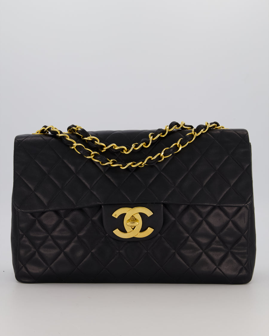 Chanel Black Vintage XL Maxi Single Flap Bag in Lambskin Leather with 24K Gold Hardware