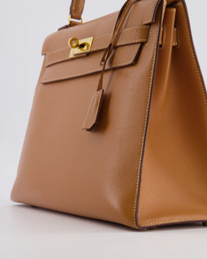 Hermès Vintage Kelly 32 Sellier Bag in Gold Courchevel Leather with Gold Hardware