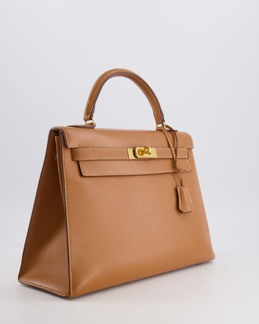 Hermès Vintage Kelly 32 Sellier Bag in Gold Courchevel Leather with Gold Hardware