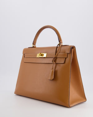 Hermès Vintage Kelly 32 Sellier Bag in Gold Courchevel Leather with Gold Hardware