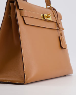 Hermès Vintage Kelly 32 Sellier Bag in Gold Courchevel Leather with Gold Hardware