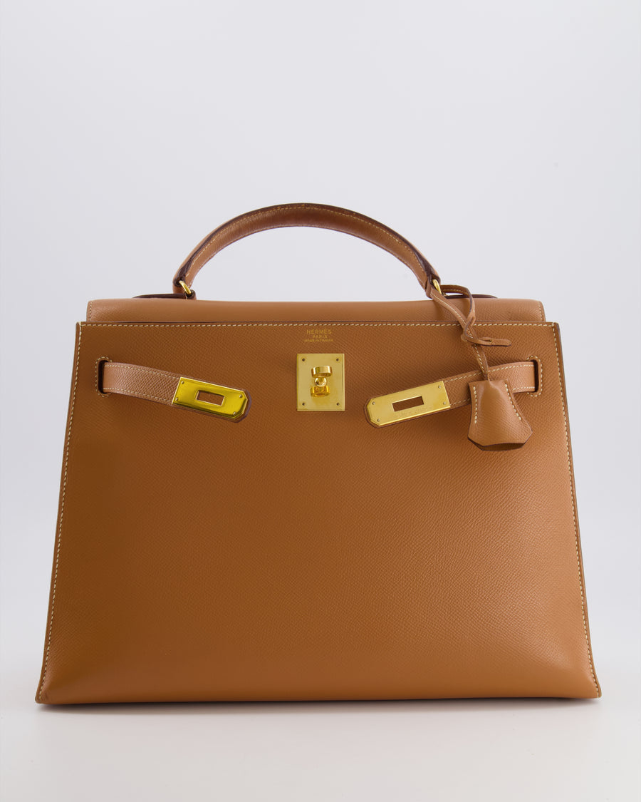 Hermès Vintage Kelly 32 Sellier Bag in Gold Courchevel Leather with Gold Hardware