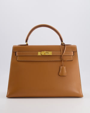Hermès Vintage Kelly 32 Sellier Bag in Gold Courchevel Leather with Gold Hardware