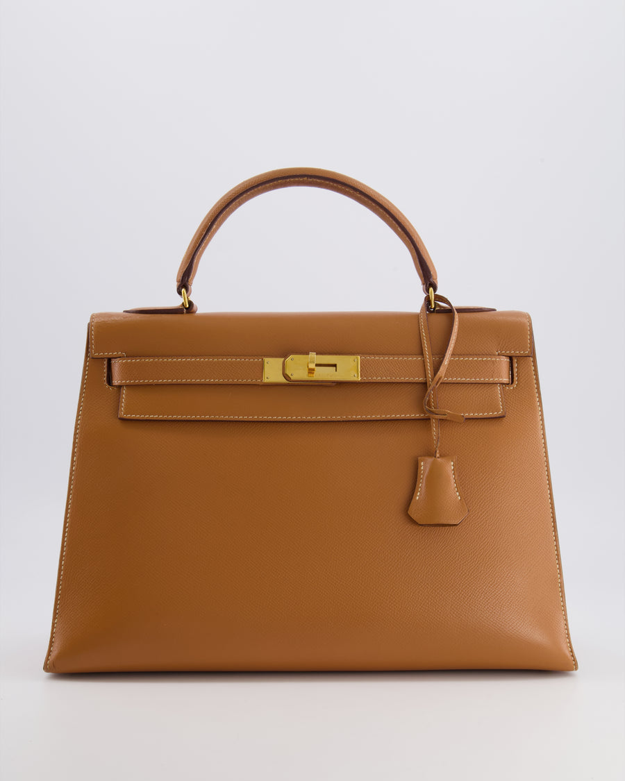 Hermès Vintage Kelly 32 Sellier Bag in Gold Courchevel Leather with Gold Hardware