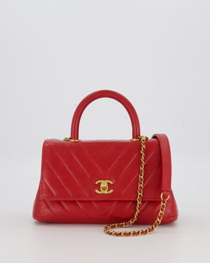 Chanel Small Strawberry Red Coco Flap Top Handle Bag in Aged Calfskin Chevron Leather with Brushed Gold Hardware