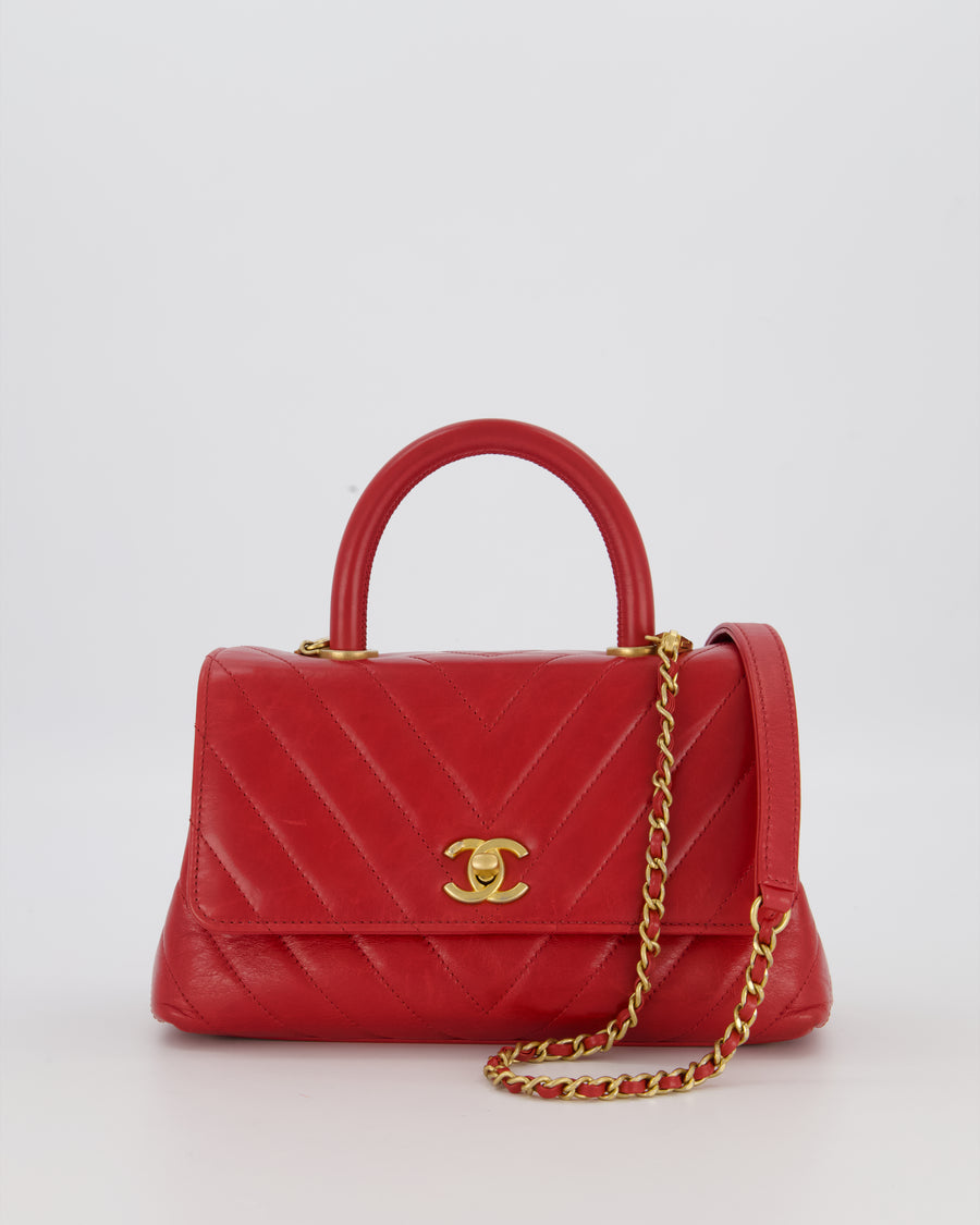 Chanel Small Strawberry Red Coco Flap Top Handle Bag in Aged Calfskin Chevron Leather with Brushed Gold Hardware