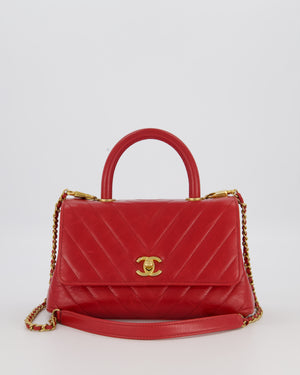 Chanel Small Strawberry Red Coco Flap Top Handle Bag in Aged Calfskin Chevron Leather with Brushed Gold Hardware