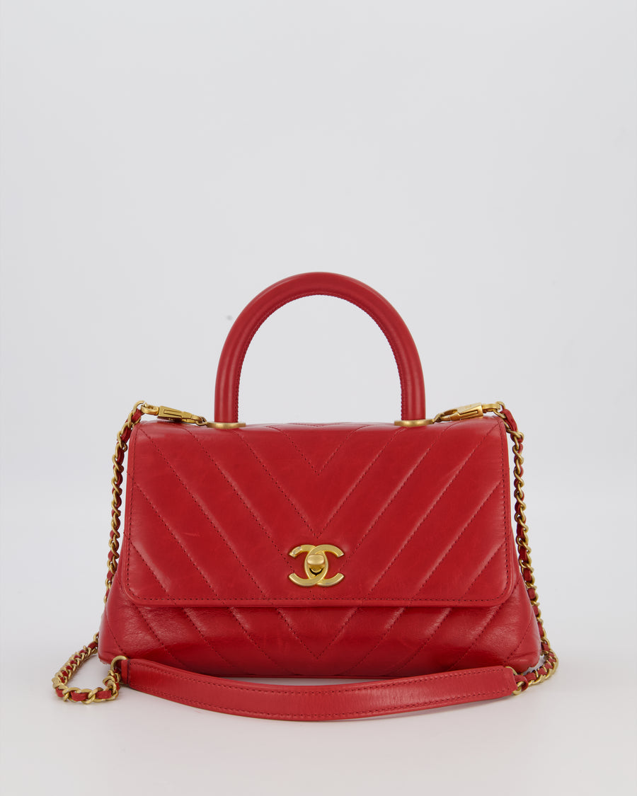 Chanel Small Strawberry Red Coco Flap Top Handle Bag in Aged Calfskin Chevron Leather with Brushed Gold Hardware