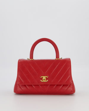 Chanel Small Strawberry Red Coco Flap Top Handle Bag in Aged Calfskin Chevron Leather with Brushed Gold Hardware