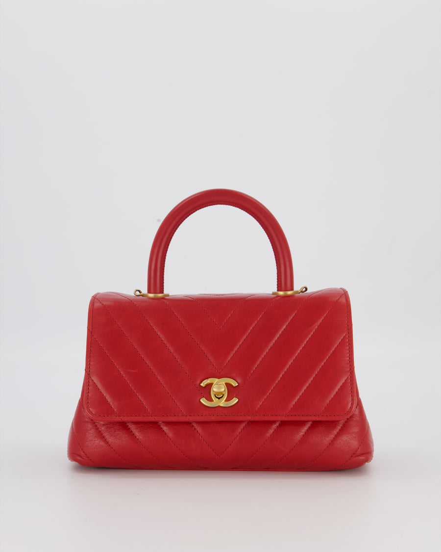 Chanel Small Strawberry Red Coco Flap Top Handle Bag in Aged Calfskin Chevron Leather with Brushed Gold Hardware