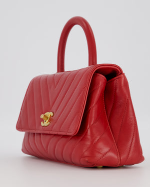 Chanel Small Strawberry Red Coco Flap Top Handle Bag in Aged Calfskin Chevron Leather with Brushed Gold Hardware