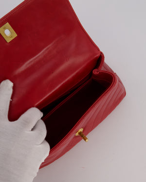 Chanel Small Strawberry Red Coco Flap Top Handle Bag in Aged Calfskin Chevron Leather with Brushed Gold Hardware