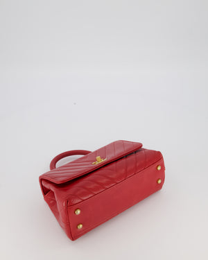 Chanel Small Strawberry Red Coco Flap Top Handle Bag in Aged Calfskin Chevron Leather with Brushed Gold Hardware