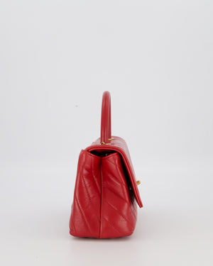 Chanel Small Strawberry Red Coco Flap Top Handle Bag in Aged Calfskin Chevron Leather with Brushed Gold Hardware