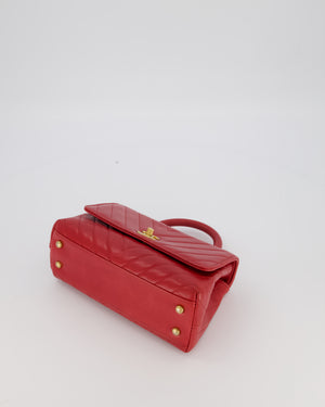 Chanel Small Strawberry Red Coco Flap Top Handle Bag in Aged Calfskin Chevron Leather with Brushed Gold Hardware