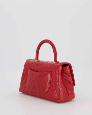 Chanel Small Strawberry Red Coco Flap Top Handle Bag in Aged Calfskin Chevron Leather with Brushed Gold Hardware