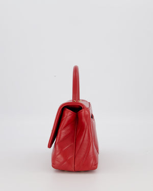 Chanel Small Strawberry Red Coco Flap Top Handle Bag in Aged Calfskin Chevron Leather with Brushed Gold Hardware