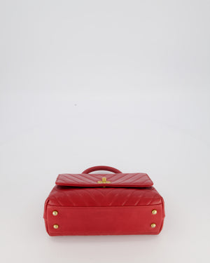 Chanel Small Strawberry Red Coco Flap Top Handle Bag in Aged Calfskin Chevron Leather with Brushed Gold Hardware