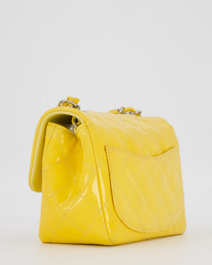 Chanel Yellow Mini Square Classic Flap Bag in Quilted Patent Leather with Silver Hardware