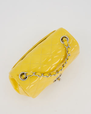 Chanel Yellow Mini Square Classic Flap Bag in Quilted Patent Leather with Silver Hardware