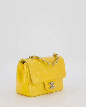 Chanel Yellow Mini Square Classic Flap Bag in Quilted Patent Leather with Silver Hardware
